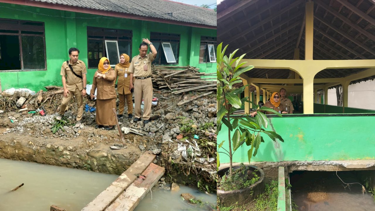 Camat dan Kasi Trantibum Tinjau Dampak Luapan Sungai di SMP Negeri 3 Gantiwarno.